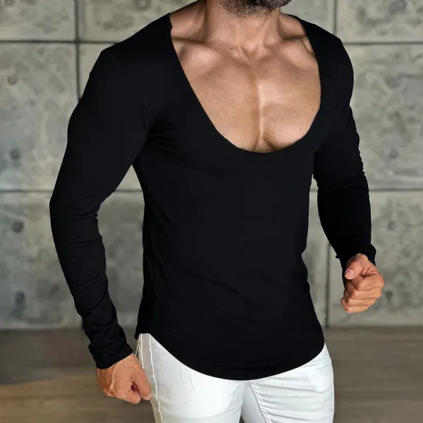 Men's Daily Basic Solid Color Long-sleeved T-shirt Slim Casual Bottoming Shirt - Keymimi.com 