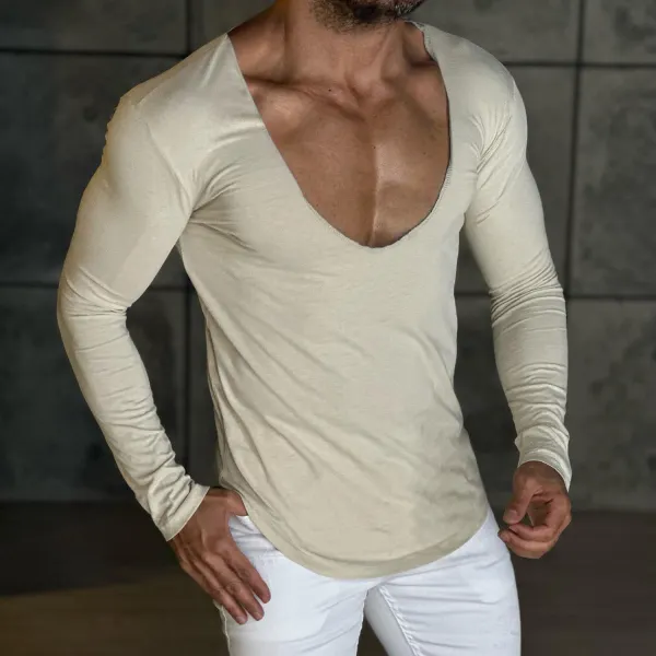 Men's Daily Basic Solid Color Long-sleeved T-shirt Slim Casual Bottoming Shirt - Keymimi.com 