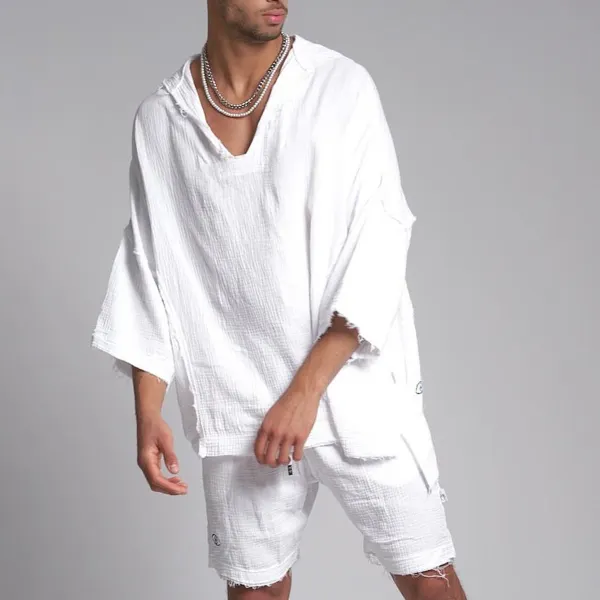 Men's 3/4 Sleeve Linen Hooded Shirt - Keymimi.com 