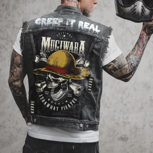 Men's Skull And Bone Print Distressed Motorcycle Casual Denim Vest - Ootdyouth.com 