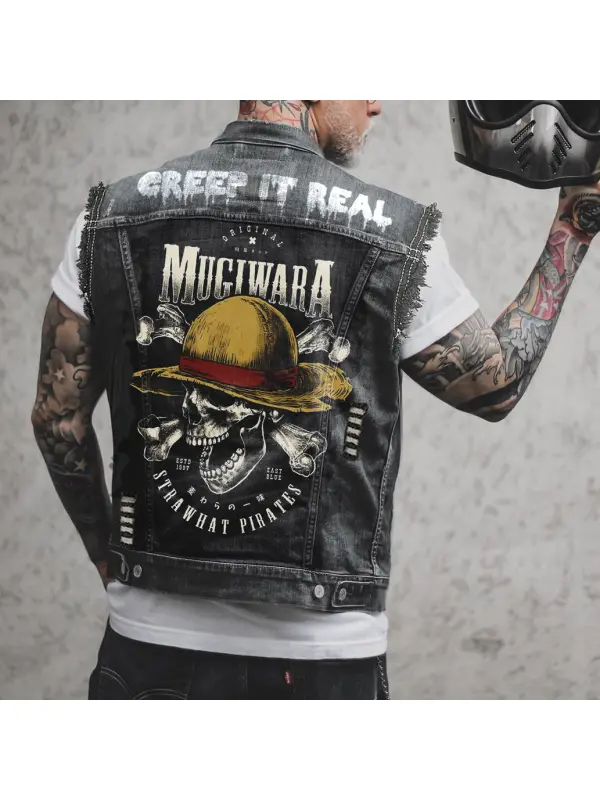 Men's Skull And Bone Print Distressed Motorcycle Casual Denim Vest - Anrider.com 