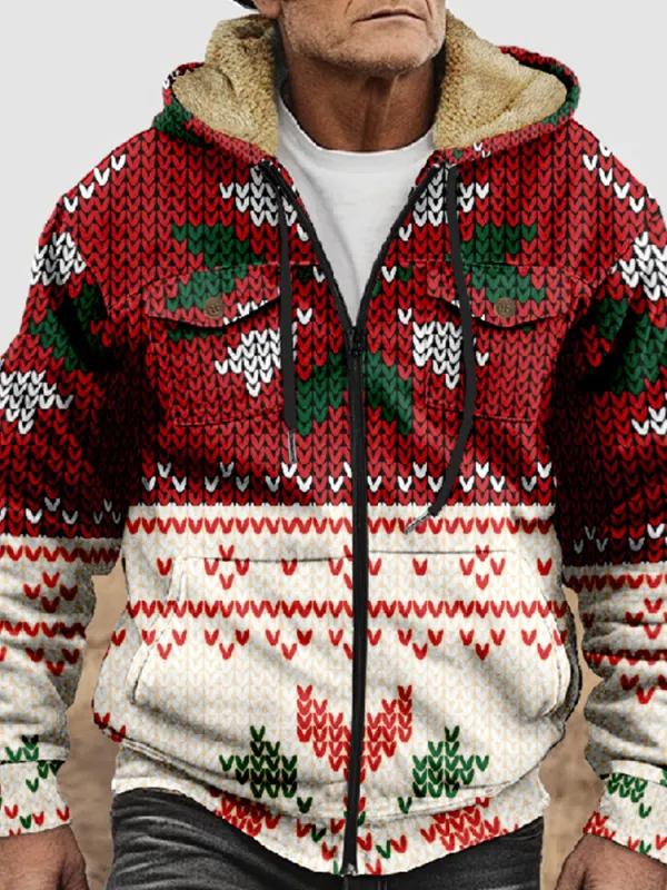 Men's Christmas Imitation Knitted Printed Pocket Zipper Cardigan Hooded Fleece Sweatshirt - Businesuniontrade.com 