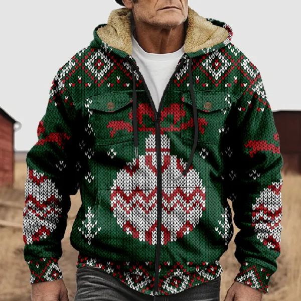 Men's Christmas Imitation Knitted Printed Pocket Zipper Cardigan Hooded Fleece Sweatshirt - Yesunshine.com 