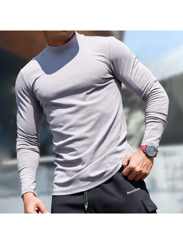 Men's Sports Long-sleeved Fitness Training T-shirt Running Top Casual Solid Color Slim Half Turtleneck Cotton Bottoming - Anrider.com 