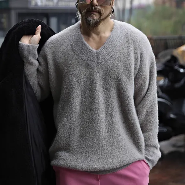 Men's V-neck Plain Loose Knitted Casual Warm Sweater - Ootdyouth.com 