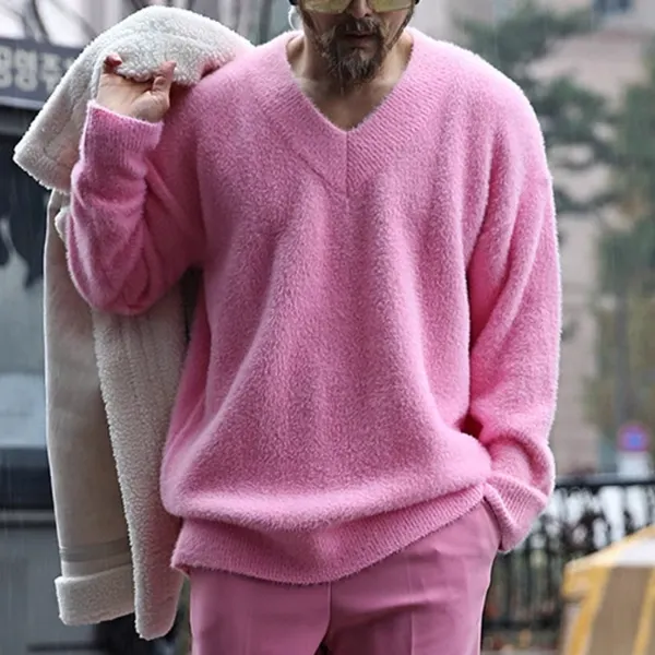 Men's V-neck Plain Loose Knitted Warm Sweater - Ootdyouth.com 