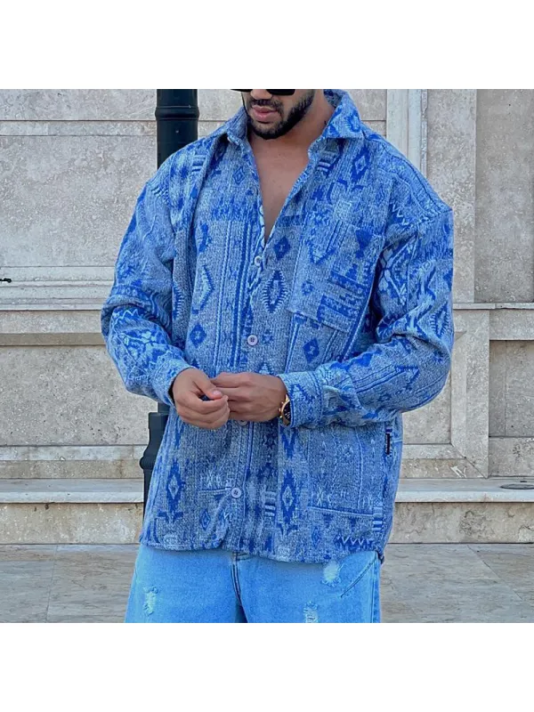 Men's Corduroy Long Sleeve Ethnic Print Casual Jacket - Anrider.com 