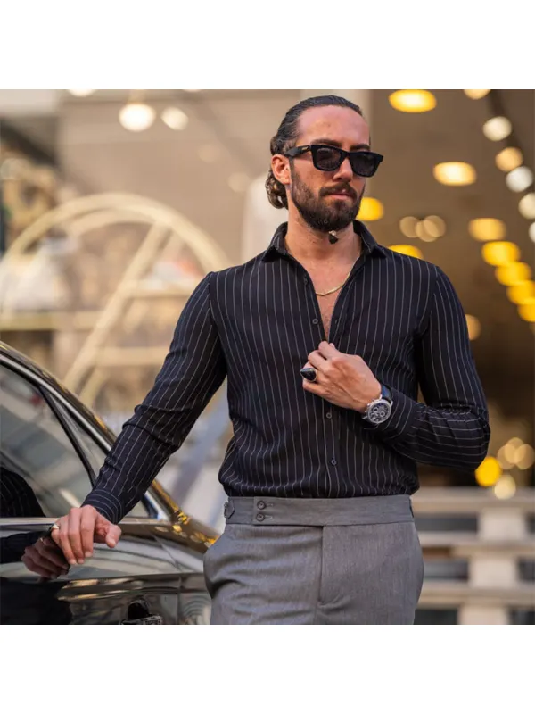 Men's Special Design Slim Fit Line Detailed Long Sleeve Shirt - Black - Ootdmw.com 
