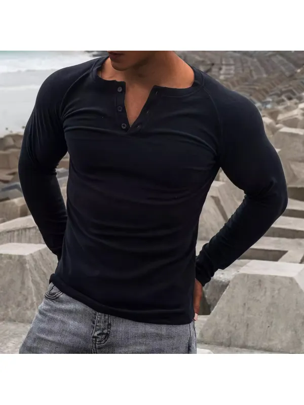 Men's Fitness Fit Plain Henley Long Sleeve T-Shirt - Anrider.com 