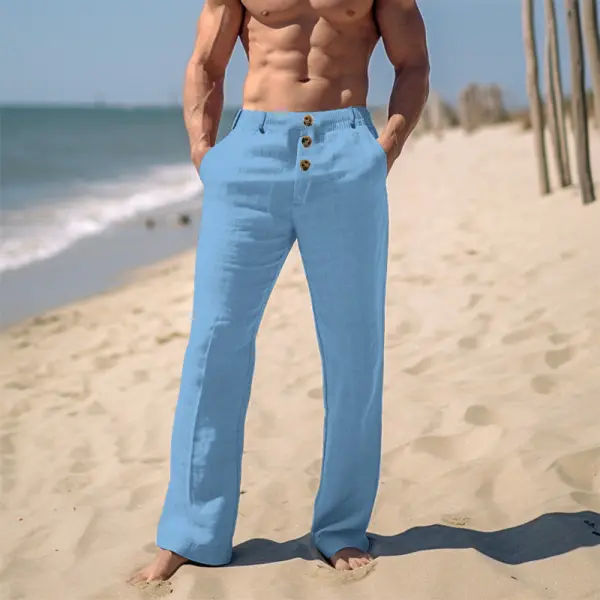 Pantalon En Lin Simple Uni Pour Vacances à La Plage Pour Hommes - Menilyshop.com 