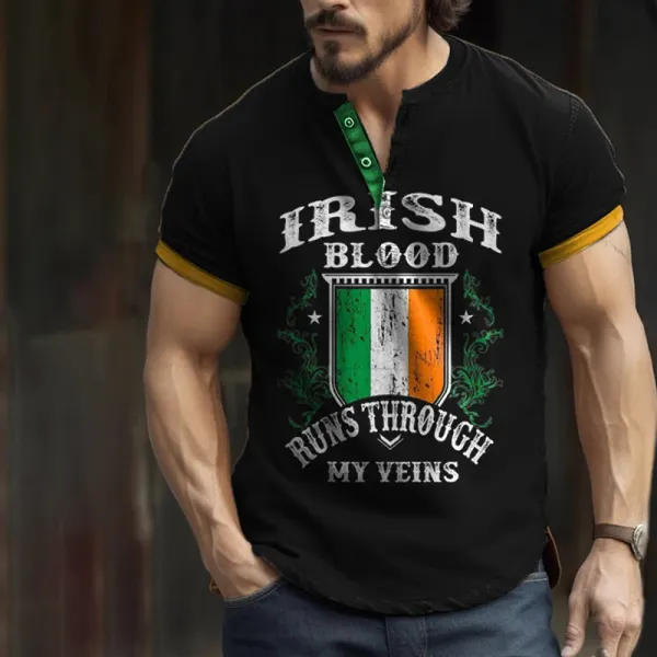 Camiseta Vintage Con Cuello Henley Estampada Del Día De San Patricio Para Hombre - Ootdyouth.com 