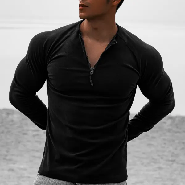 Men's Fitness Plain Henley 1/4 Zip Long Sleeve T-Shirt - Keymimi.com 