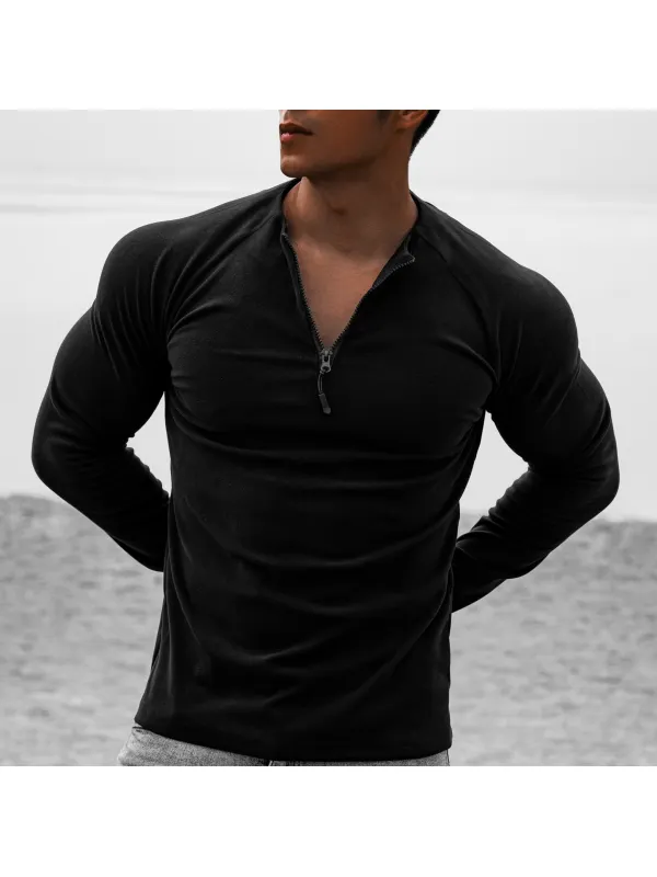 Men's Fitness Plain Henley 1/4 Zip Long Sleeve T-Shirt - Anrider.com 