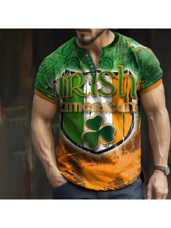Camiseta Vintage Con Cuello Henley Y Estampado Del Día De San Patricio Para Hombre - Ootdmw.com 