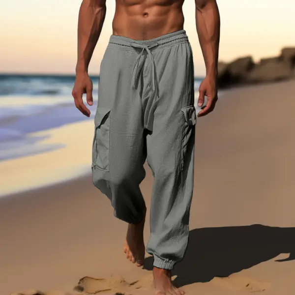 Men's Beach Holiday Plain Linen Pants - Ootdyouth.com 