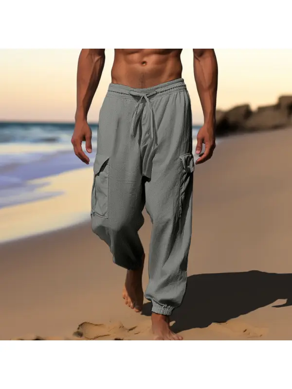 Men's Beach Holiday Plain Linen Pants - Spiretime.com 