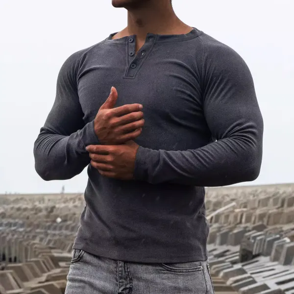 Men's Fitness Fit Henley Long Sleeve T-Shirt - Dozenlive.com 