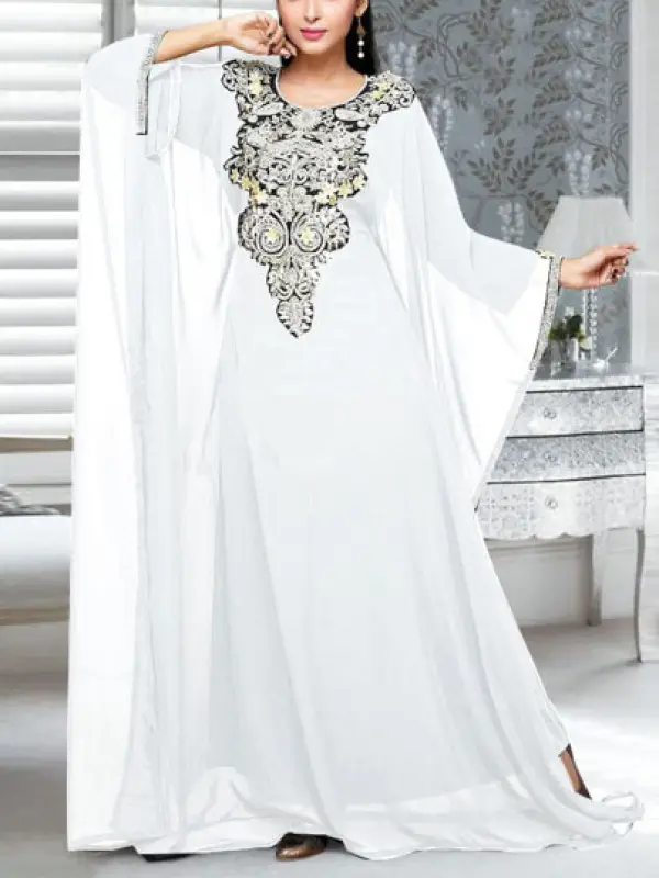European And American Clothing, Middle Eastern Muslim Loose Robe, Heavy Embroidery Splicing Collar, Imitation Cupro Silk Dress - Anrider.com 