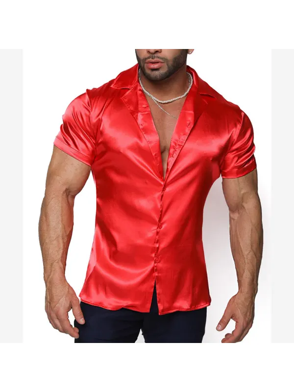 Men's Satin Plain Short Sleeve Shirt - Ootdmw.com 