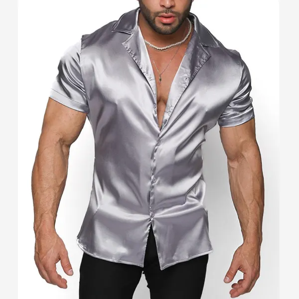 Men's Satin Plain Casual Short Sleeve Shirt - Spiretime.com 