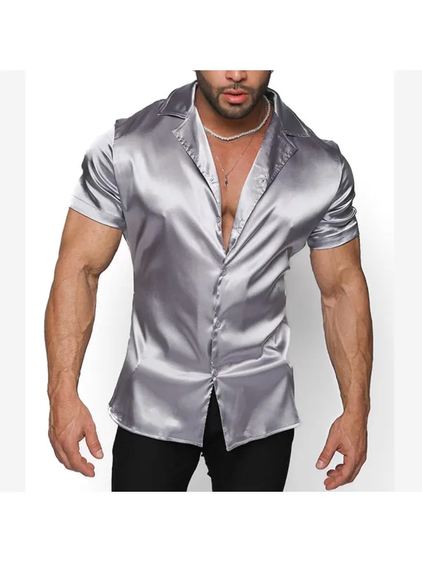 Men's Satin Plain Casual Short Sleeve Shirt - Ootdmw.com 