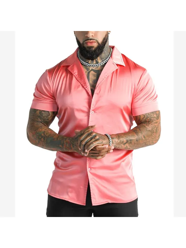 Men's Satin Plain Slim Fit Short Sleeve Shirt - Ootdmw.com 