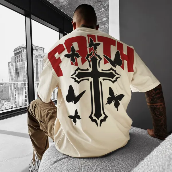 Faith Cross Butterfly Print Short Sleeve T-Shirt - Nicheten.com 