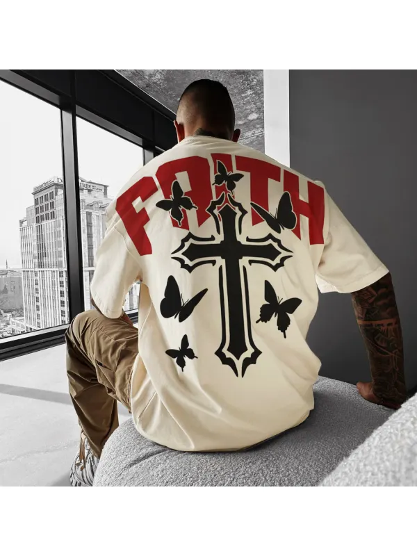 Faith Cross Butterfly Print Short Sleeve T-Shirt - Ootdmw.com 