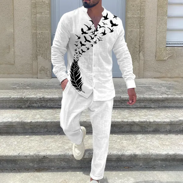 Men's White Cotton And Linen Bird Print Vacation Suit - Dozenlive.com 