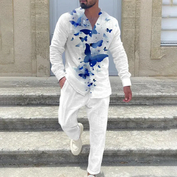 Men's White Cotton And Linen Butterfly Print Resort Suit - Dozenlive.com 