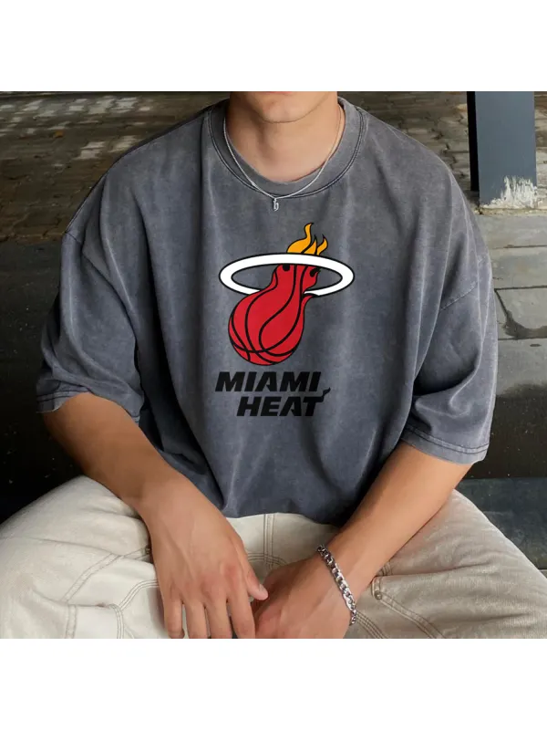 Retro Washed Distressed T-shirt Miami Heat Printed Casual T-shirt - Timetomy.com 