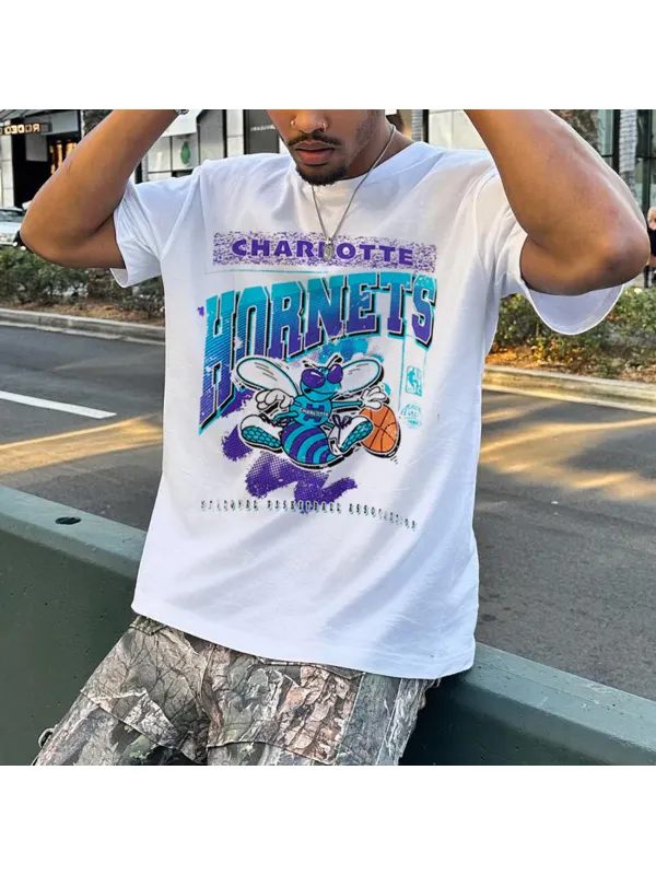 Unisex Vintage Casual Charlotte Hornets Print T-shirt - Spiretime.com 