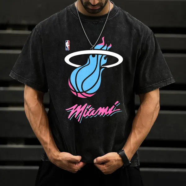 Retro Washed Distressed T-shirt Miami Heat Printed Casual T-shirt - Dozenlive.com 