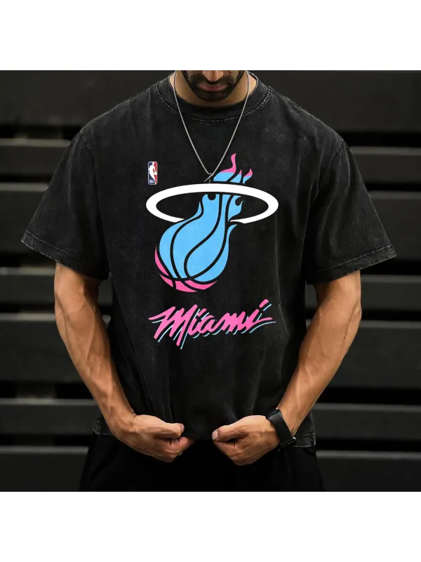Retro Washed Distressed T-shirt Miami Heat Printed Casual T-shirt - Timetomy.com 