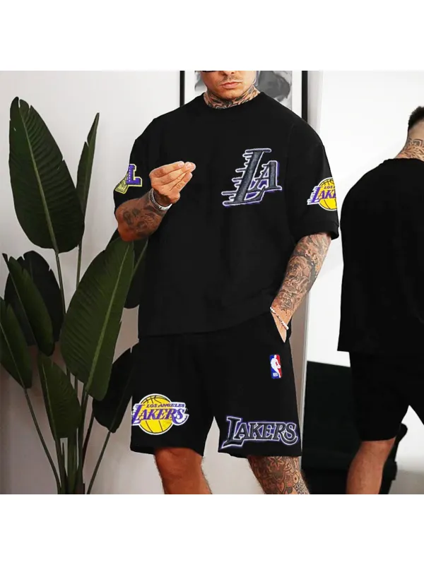 Men's Los Angeles Basketball Print Casual Sports Shorts Suit - Ootdmw.com 