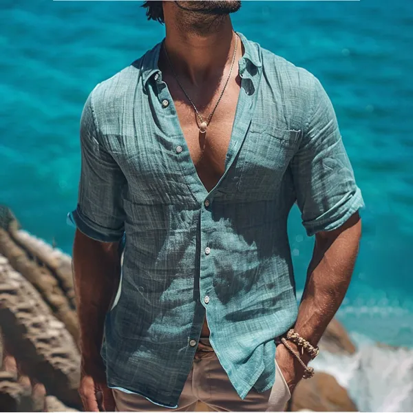 Men's Holiday Minimalist Linen Casual Shirt - Yiyistories.com 