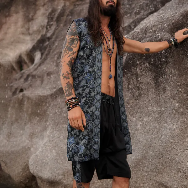 Men's Holiday Sleeveless Satin Robe Print Resort Shorts Suit - Spiretime.com 