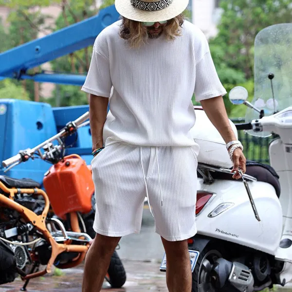Men's Basic Wrinkled Classic Street Casual White Short-sleeved Shorts Suit - Spiretime.com 