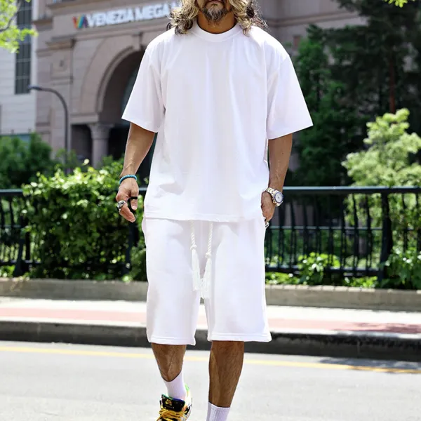 Men's Pure Cotton White Round Neck Short-sleeved Drawstring Shorts Suit - Spiretime.com 