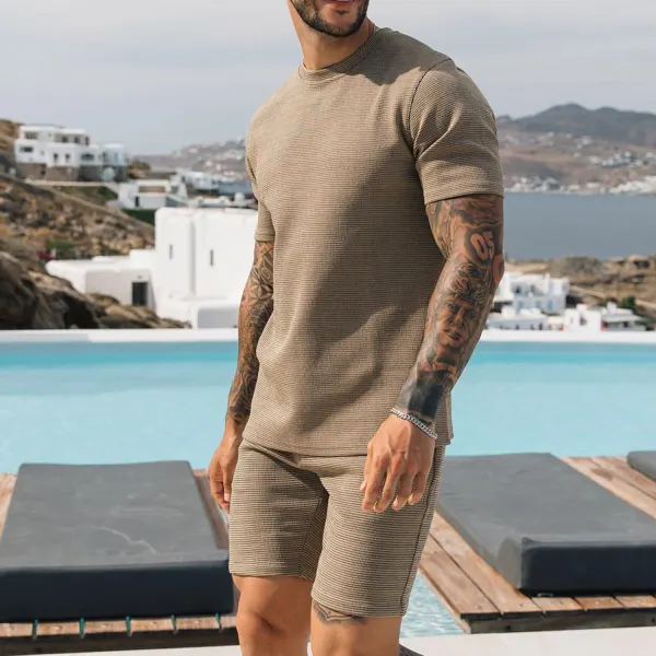 Men's Textured Light Brown T-Shirt Casual Vacation Hawaiian Shorts Set - Spiretime.com 