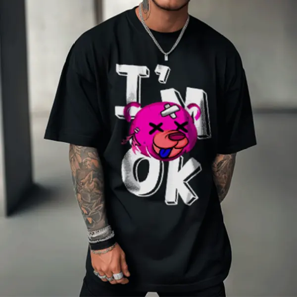 I'M OK Bear Print Trendy T-shirt - Ootdyouth.com 