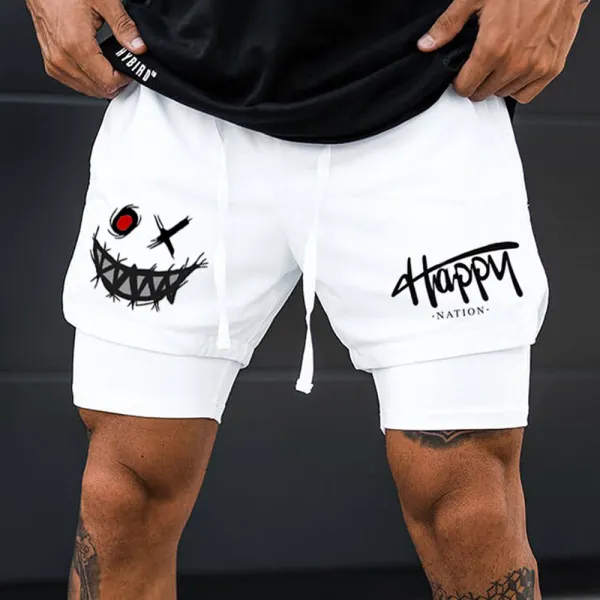 Smiley Face Print Casual Sports Double Shorts - Yiyistories.com 