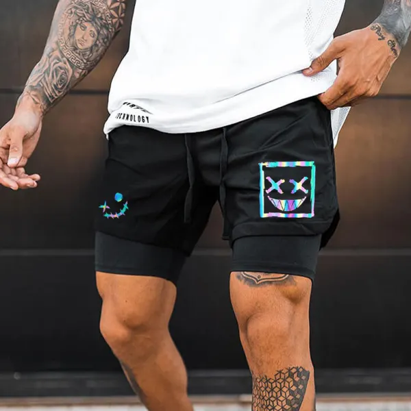 Men's Smiley Print Casual Sports Double Shorts - Yiyistories.com 