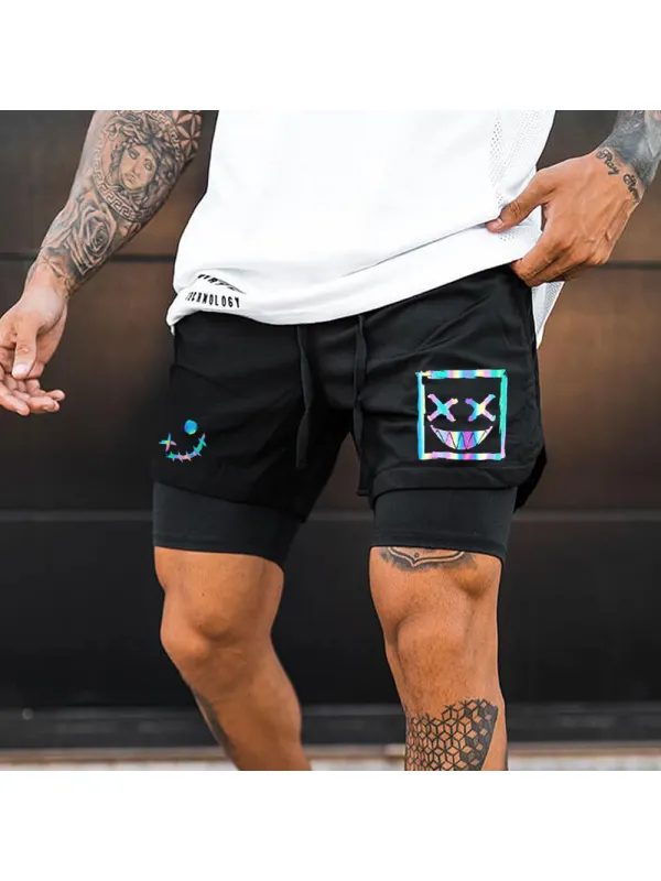 Men's Smiley Print Casual Sports Double Shorts - Timetomy.com 