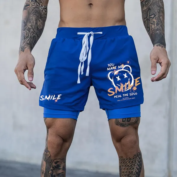 Smiley Face Print Casual Sports Double Shorts - Yiyistories.com 