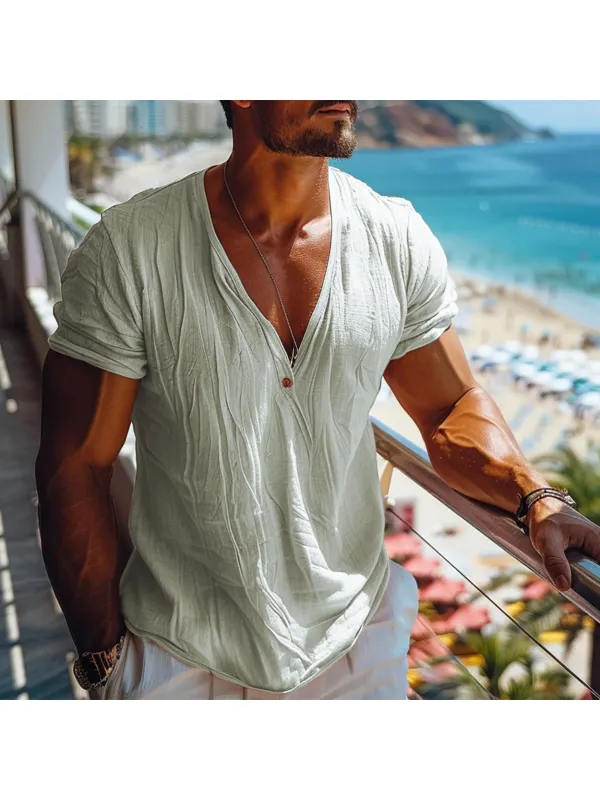 Men's Holiday Tulum Linen V-neck Plain T-shirt - Shopyiyistories.com 