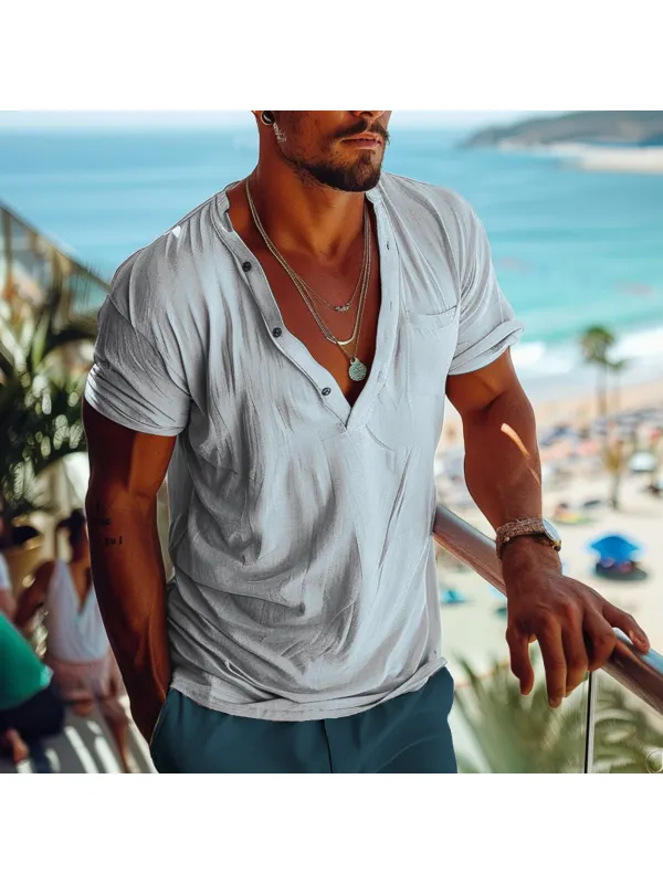 Men's Holiday Tulum Simple LinenV Collar Plain T-shirt - Shopyiyistories.com 