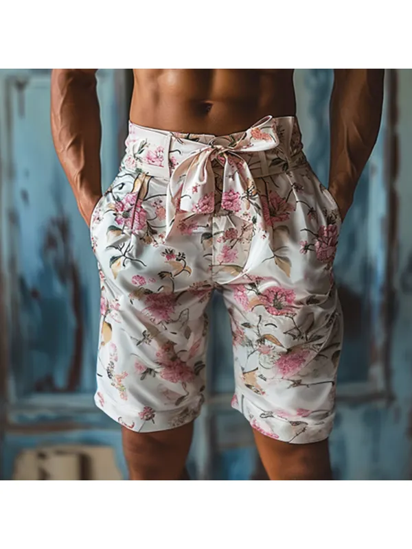 Men's Personalized Waist Design Floral Satin Cropped Shorts - Timetomy.com 