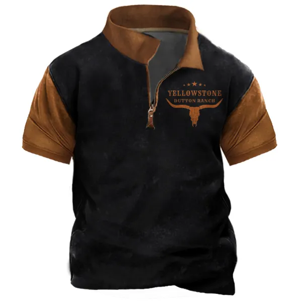 Men's Vintage Western Yellowstone Colorblock Zipper Stand Collar T-shirt - Ootdyouth.com 
