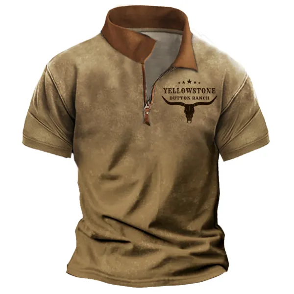 Men's Vintage Western Yellowstone Zipper Stand Collar T-shirt - Dozenlive.com 